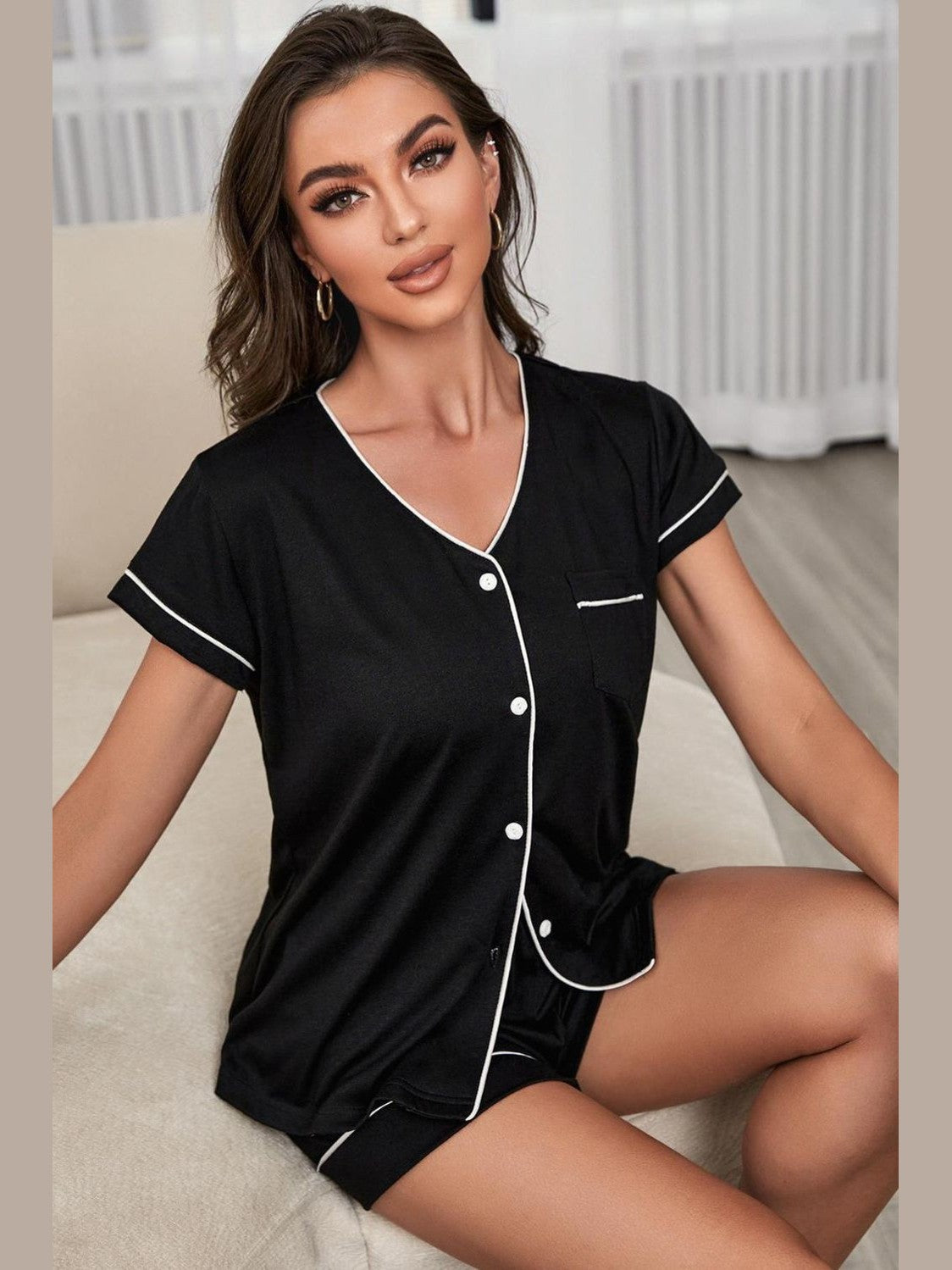Contrast Piping Button-Up Top and Shorts Pajama Set nicholesgifts