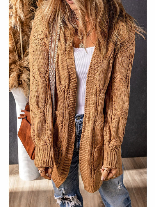 Women Cable-Knit Dropped Shoulder Slit Cardigan