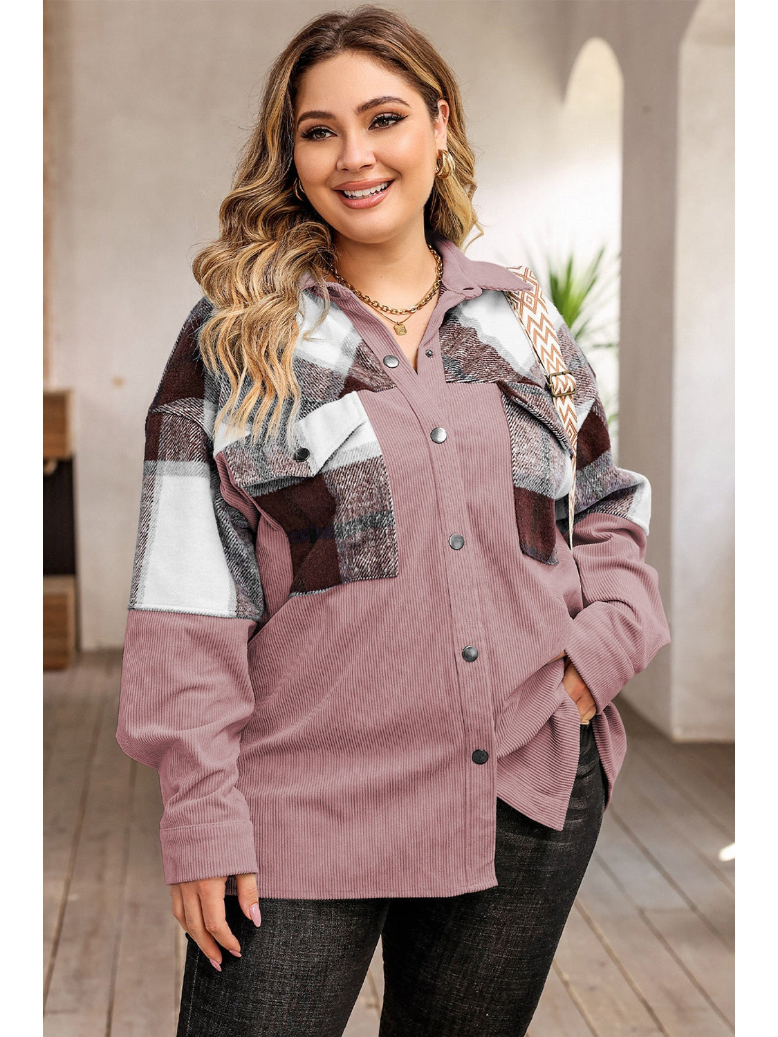 Plus Size Women Plaid Snap Down Jacket with Pockets NicholesGifts