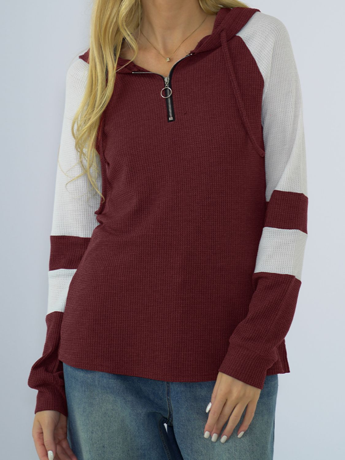 NicholesGifts Women Shiny Waffle-Knit Raglan Sleeve Zipper Front Hoodie NicholesGifts