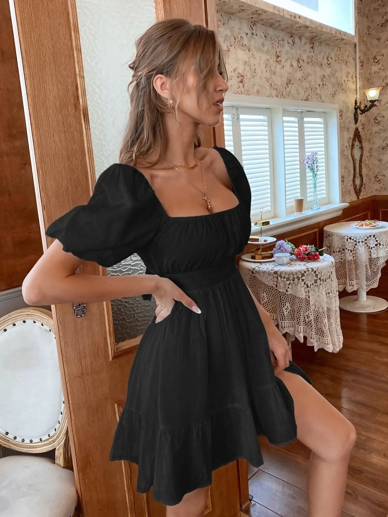 Square Neck Puff Sleeve Mini Dress NicholesGifts