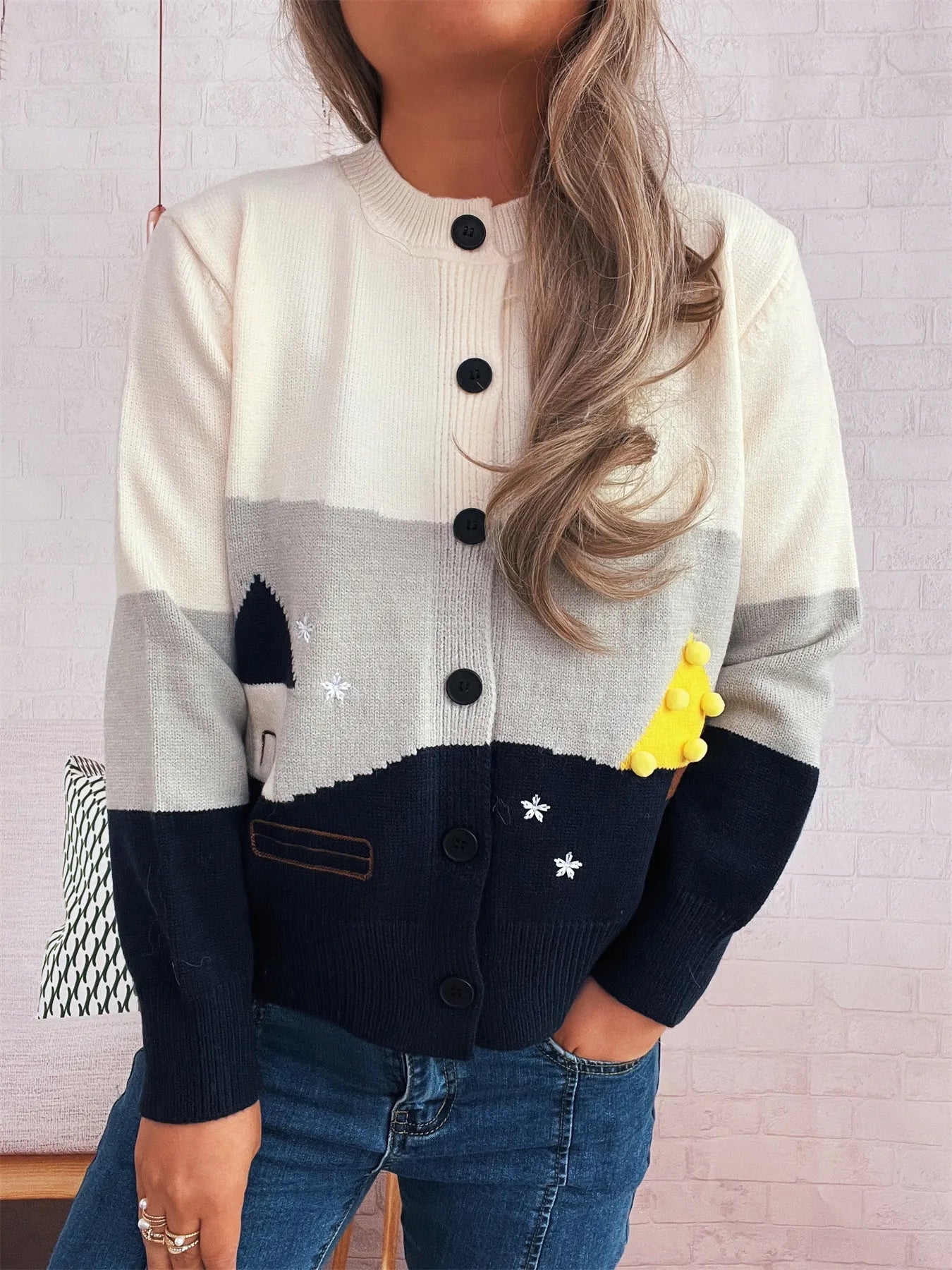 Women Color Block Button-Up Cardigan