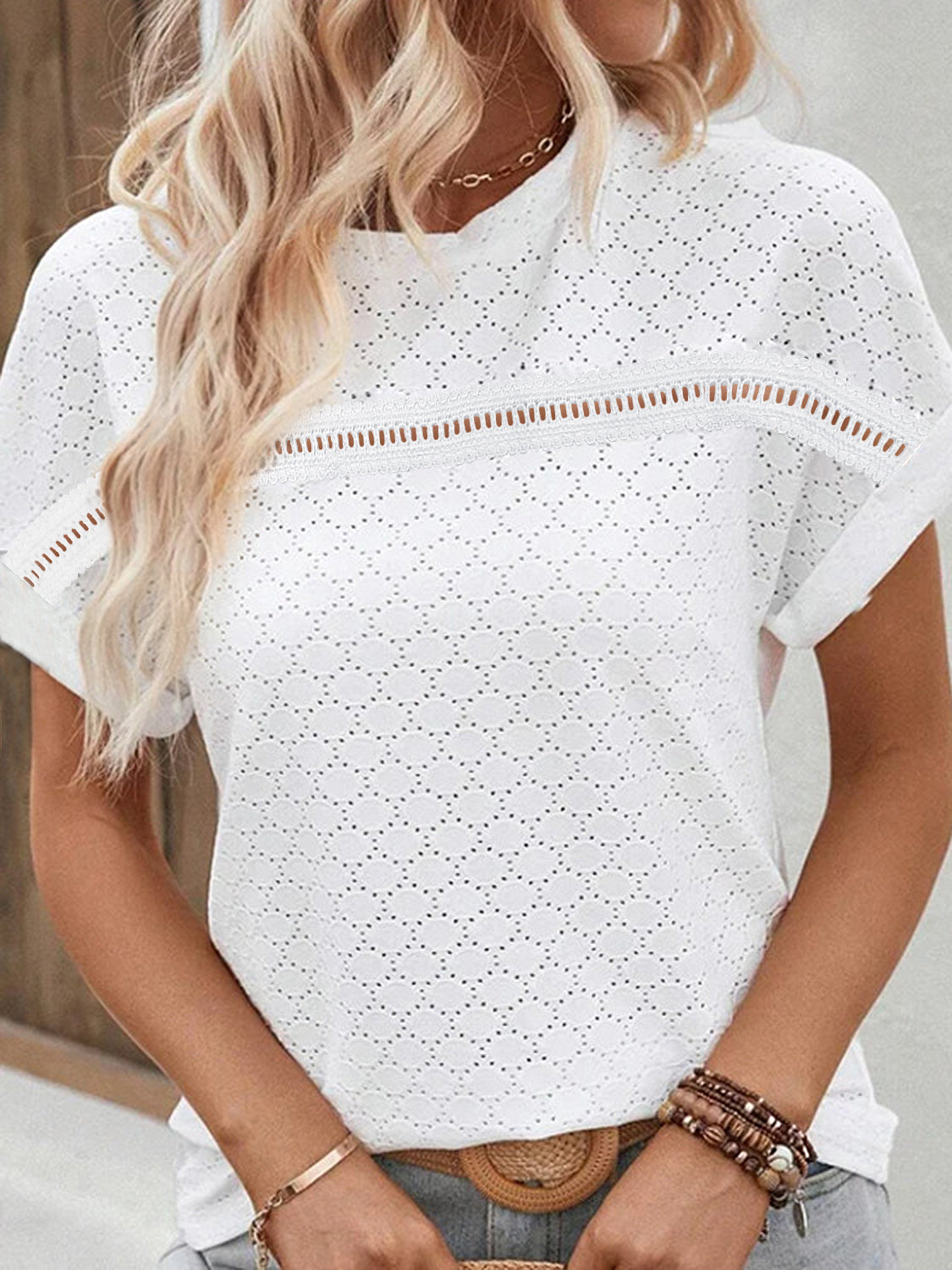 Women Eyelet Round Neck Short Sleeve Blouse