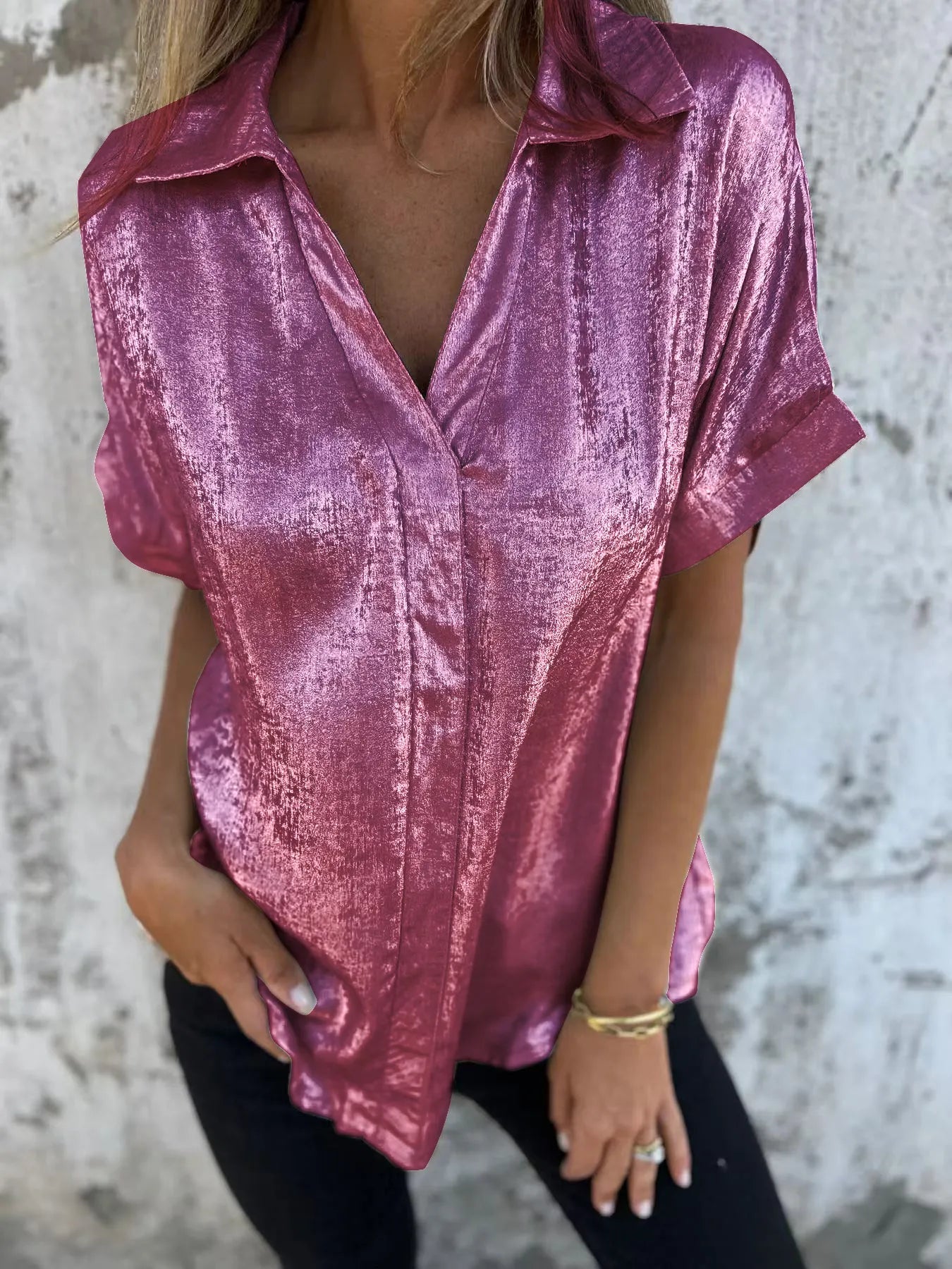 Full Size Collared Neck Short Sleeve Shirt Plus Size