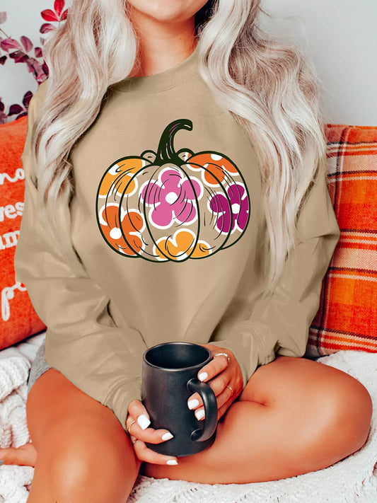 Halloween Floral Pumpkin Graphic Drop Shoulder Sweatshirt Trendsi