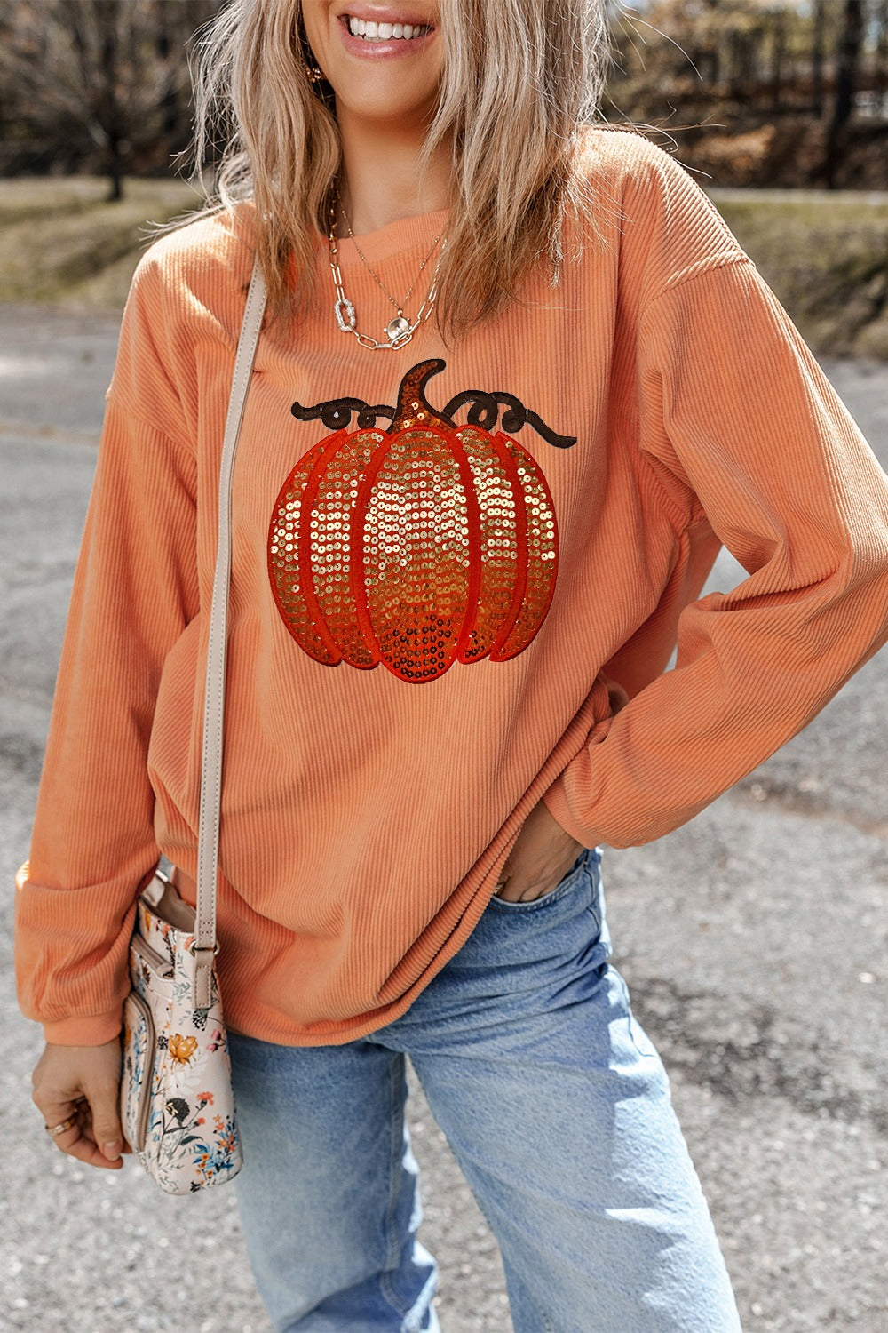 Sequin Pumpkin Round Neck Long Sleeve Sweatshirt NicholesGifts