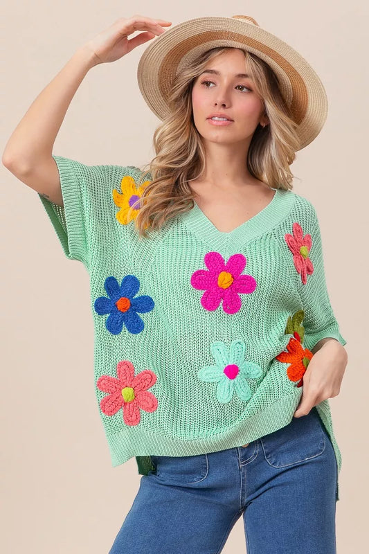 BiBi Flower Patches Dolman Sleeve Lightweight Sweater