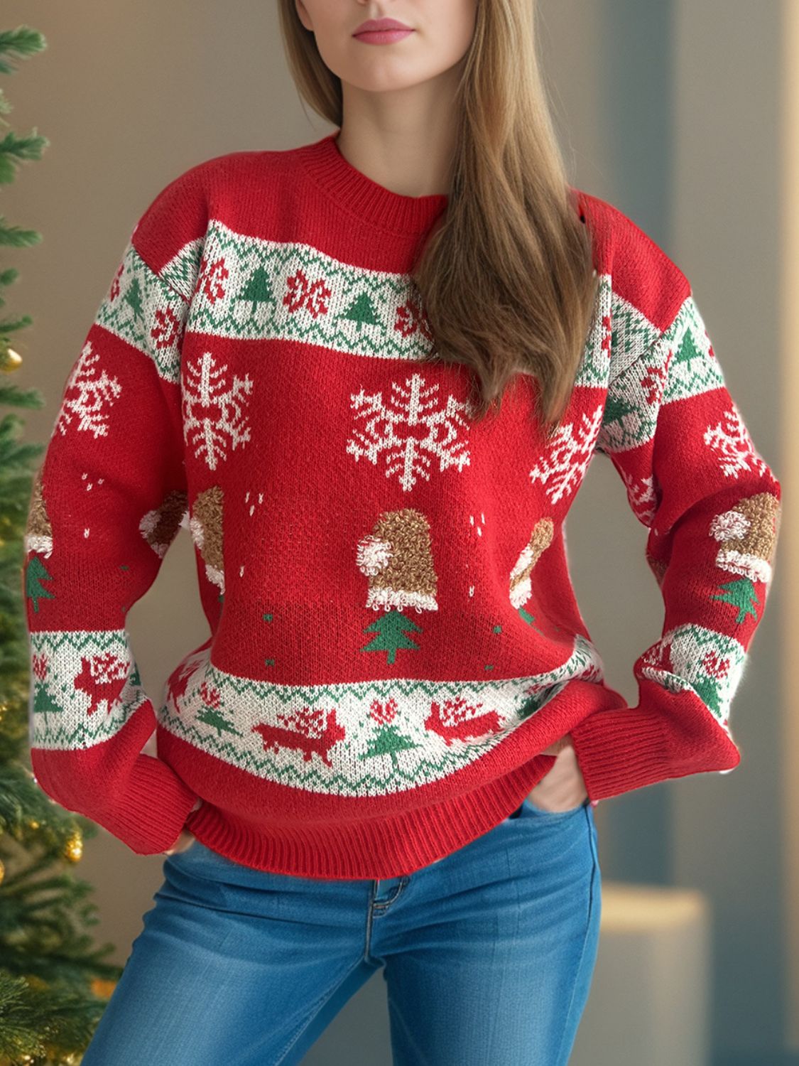 Christmas Element Round Neck Long Sleeve Sweater NicholesGifts