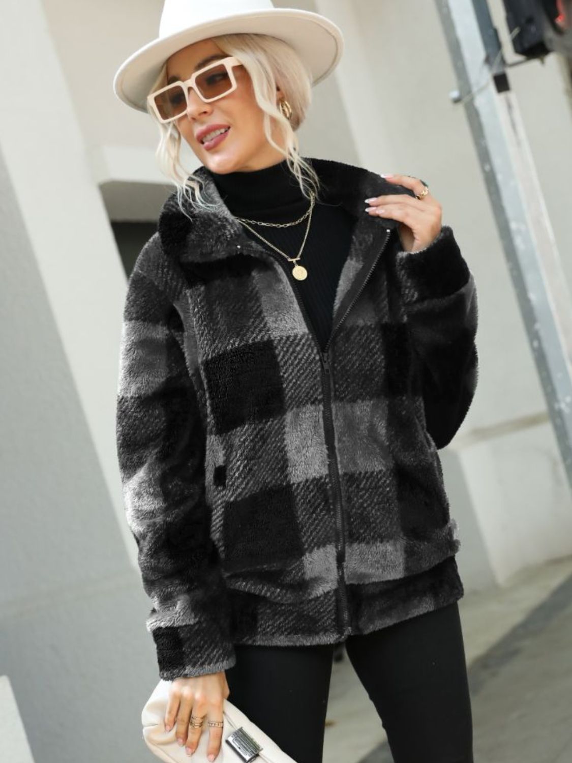 Plaid Zip-Up Collared Jacket NicholesGifts