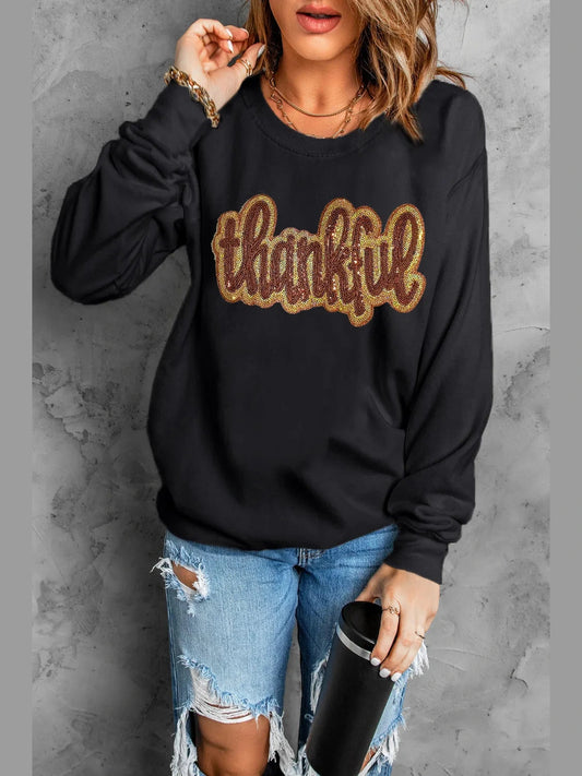 THANKFUL Round Neck Long Sleeve Sweatshirt Trendsi