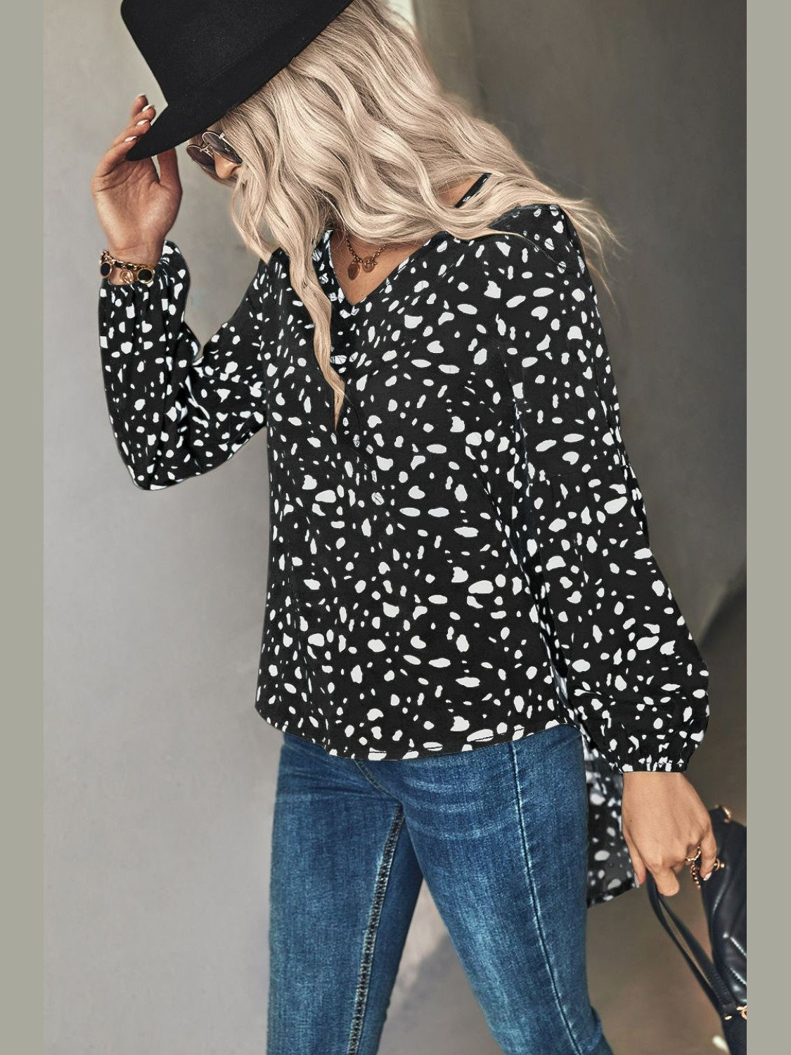 Animal Print V-Neck High-Low Blouse