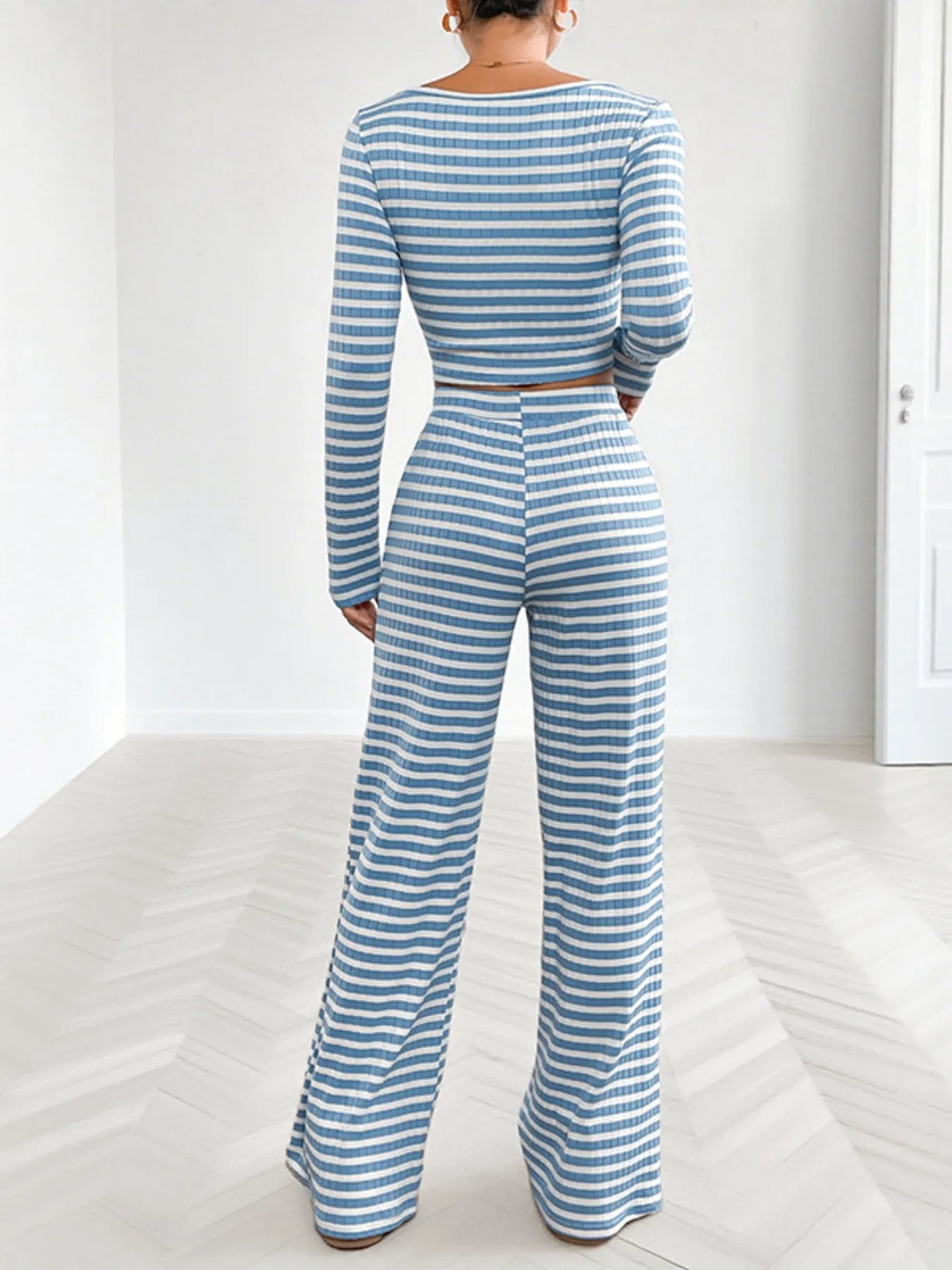 Striped Square Neck Long Sleeve Top and Pants Lounge Set NicholesGifts