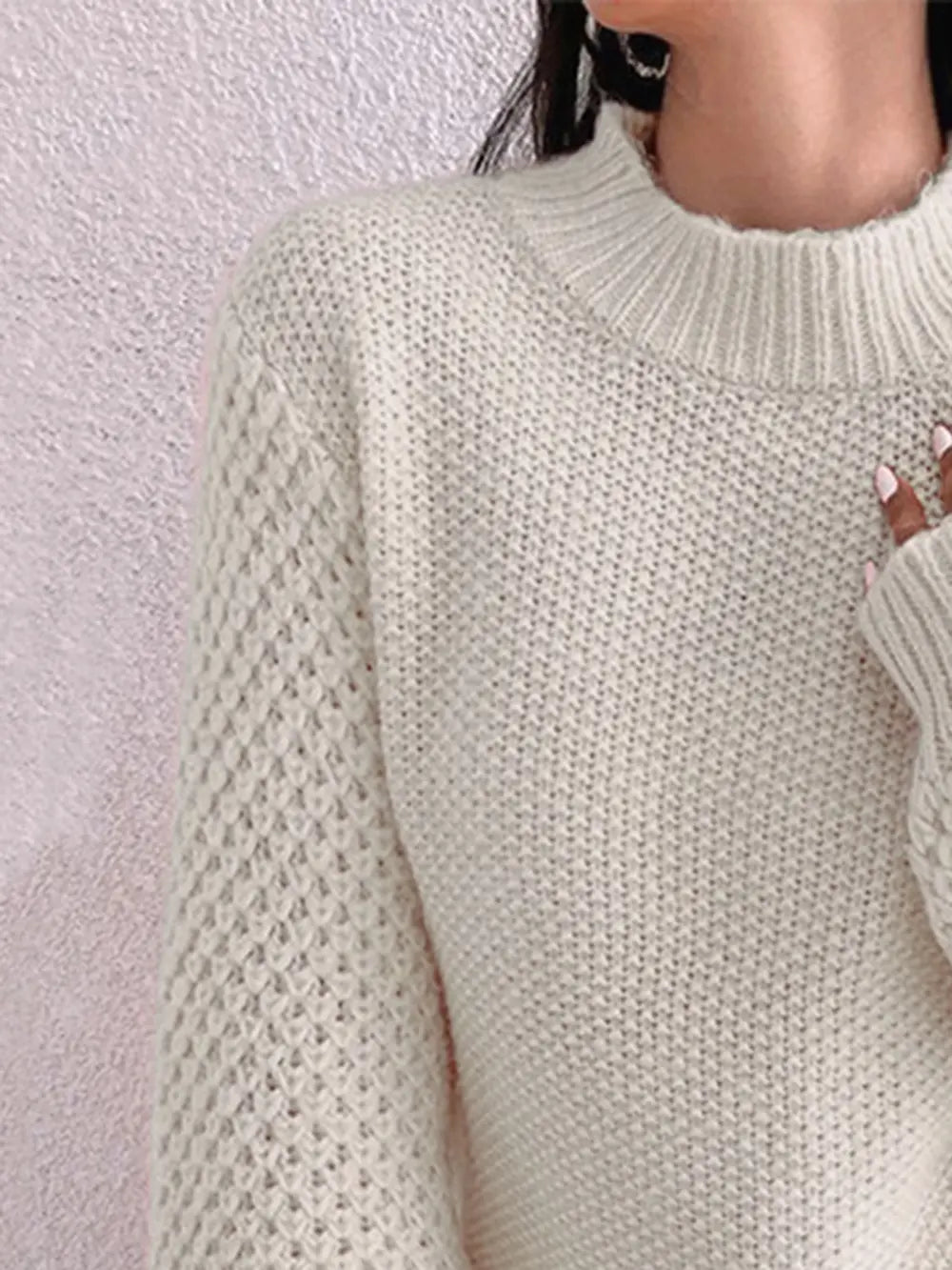 Openwork Mock Neck Long Sleeve Sweater Trendsi