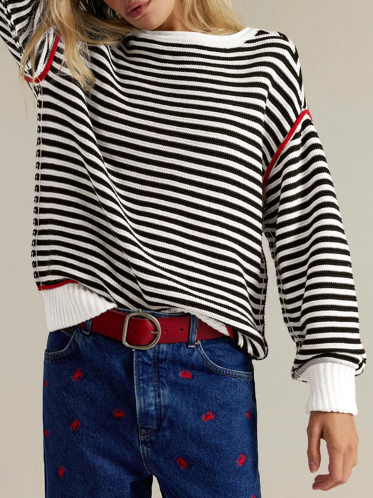 Striped Round Neck Long Sleeve Sweater Trendsi