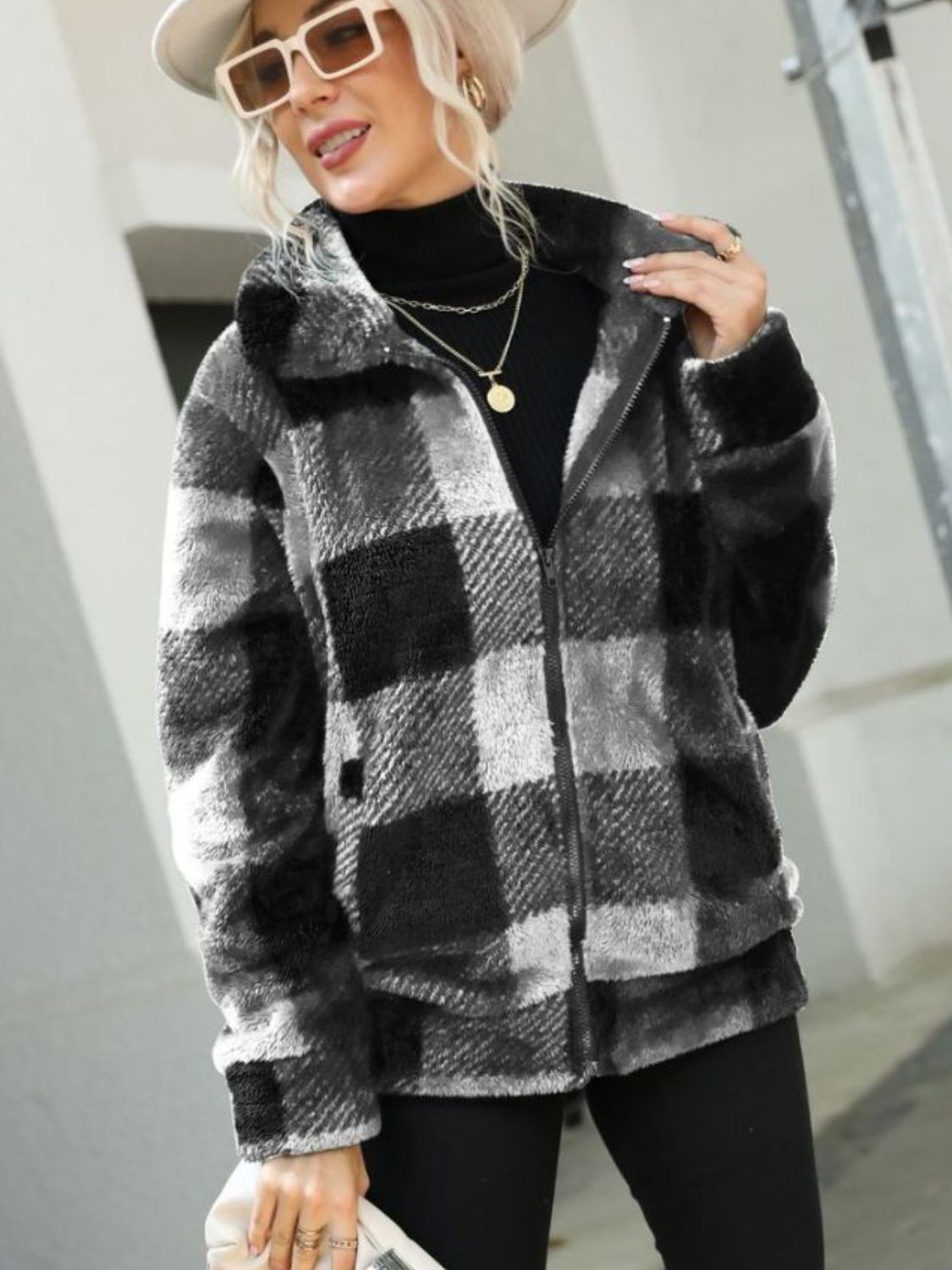 Plaid Zip-Up Collared Jacket NicholesGifts