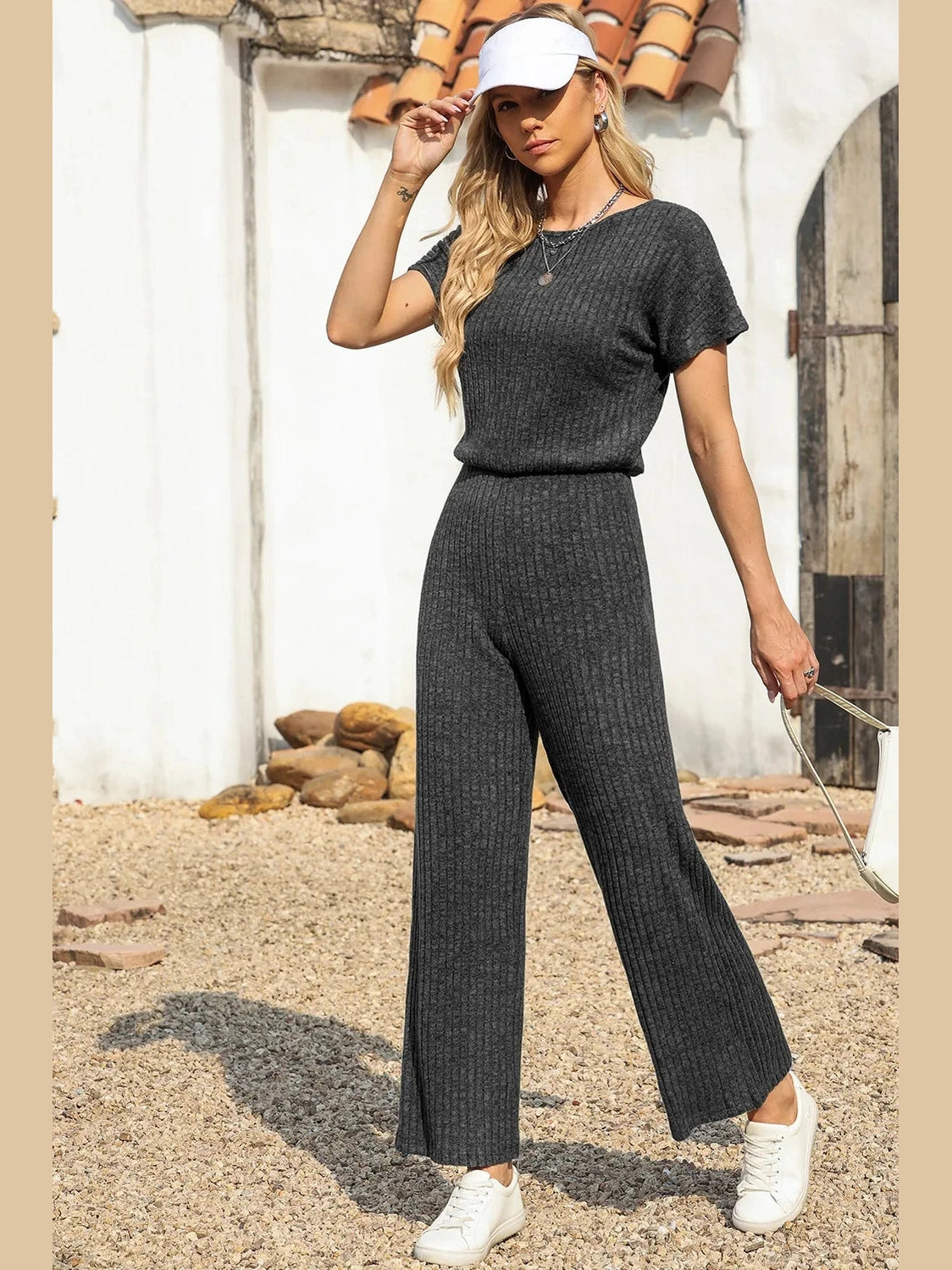 Ribbed Short Sleeve Wide Leg Jumpsuit nicholesgifts