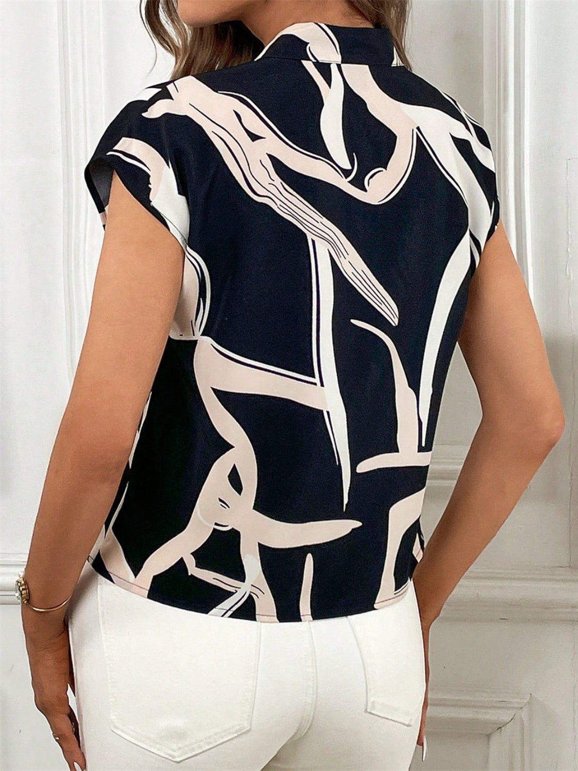 Women Printed Tie Neck Cap Short Sleeve Blouse NicholesGifts