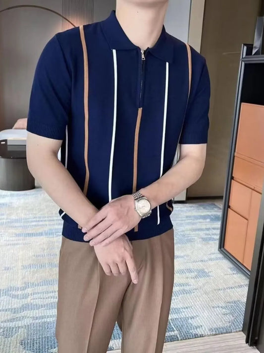 Men's Full Size Striped Zip Collar Short Sleeve Knit Polo Shirt Plus Size NicholesGifts