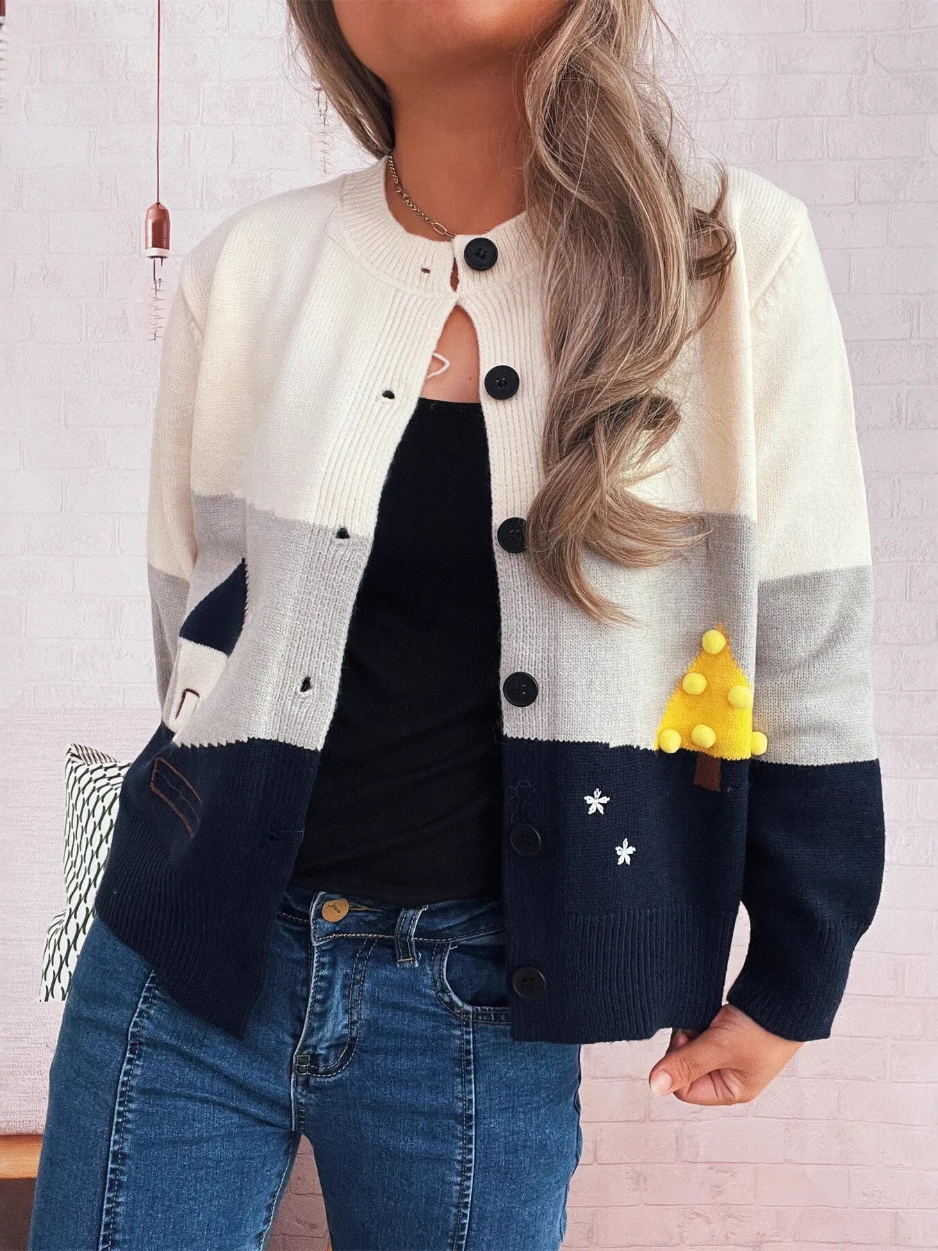 Women Color Block Button-Up Cardigan