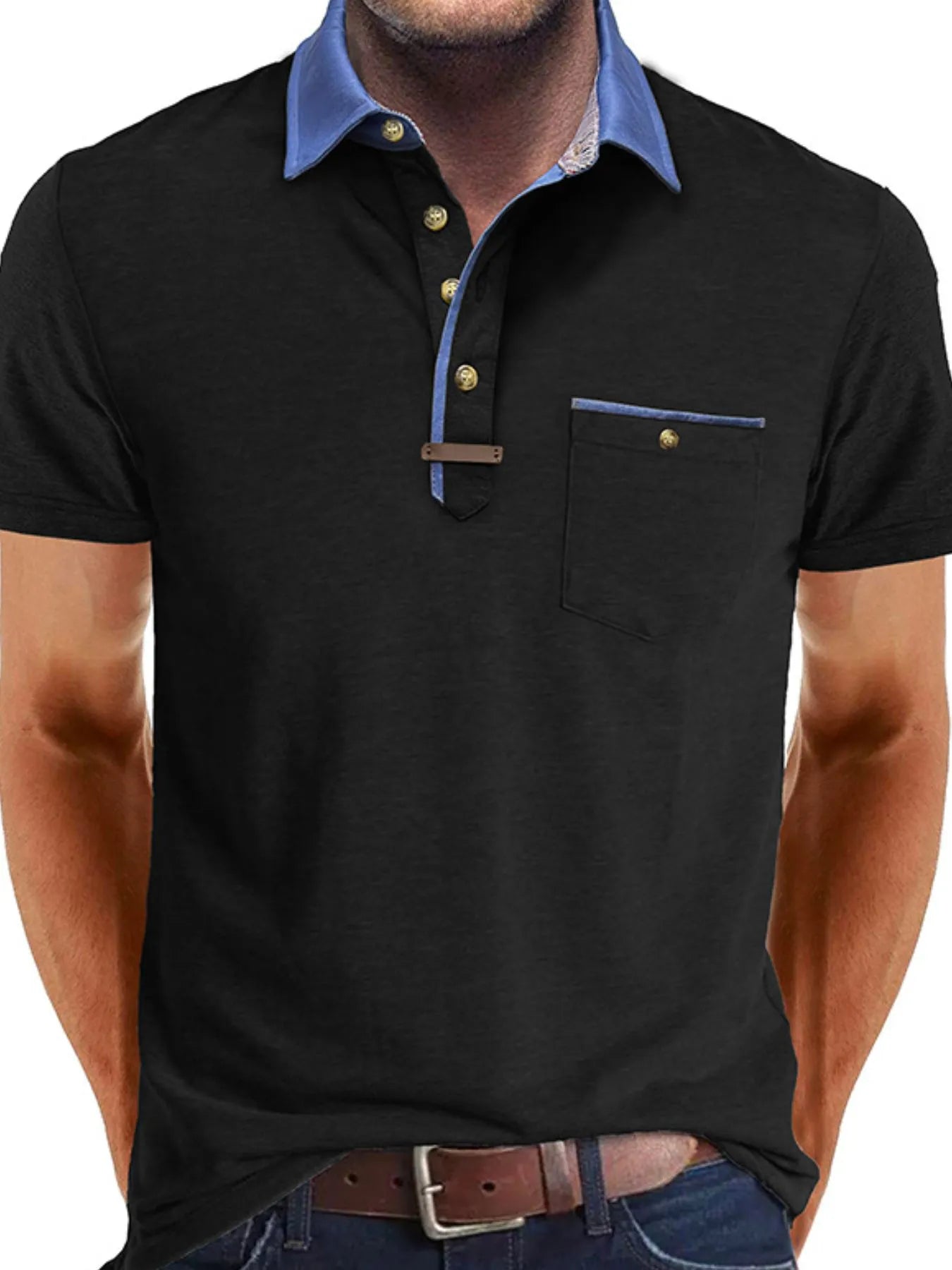 Men's Full Size Contrast Collar Pocket Polo Shirt Plus Size