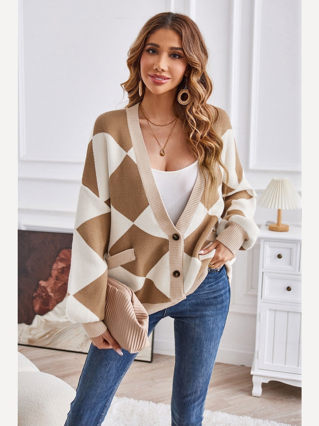 Women Geometric Lantern Sleeve Cardigan with Pockets NicholesGifts
