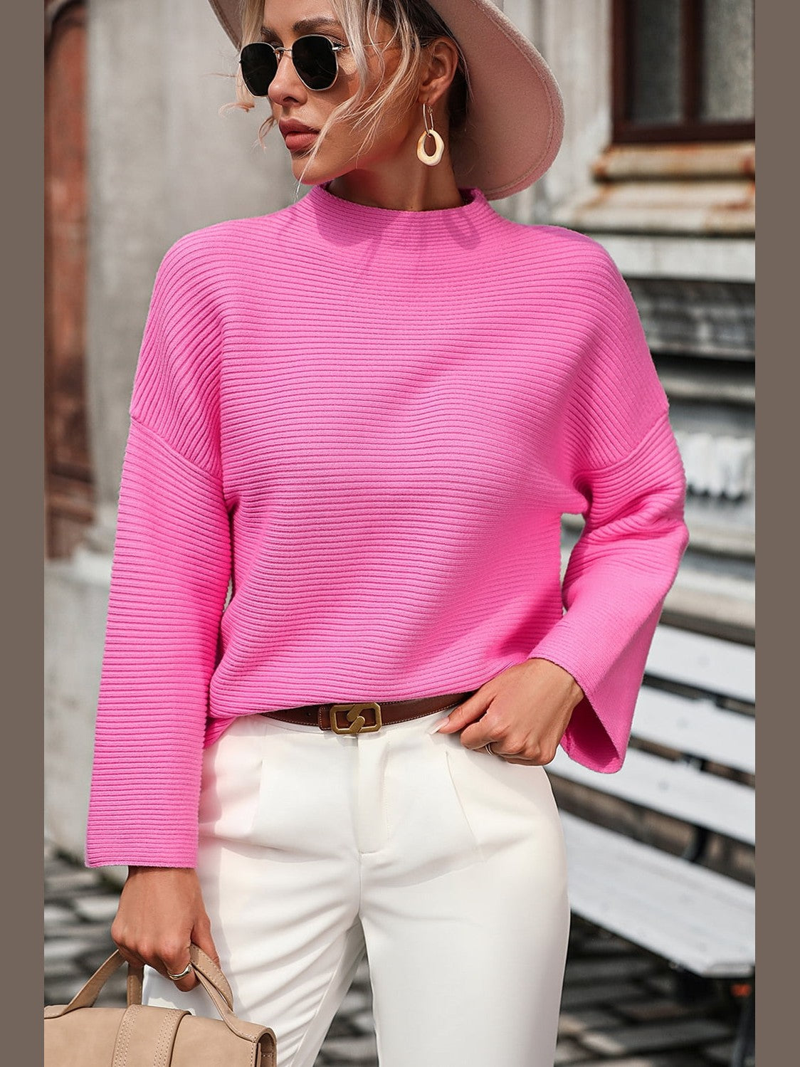 Women Mock Neck Dropped Shoulder Pullover Sweater NicholesGifts