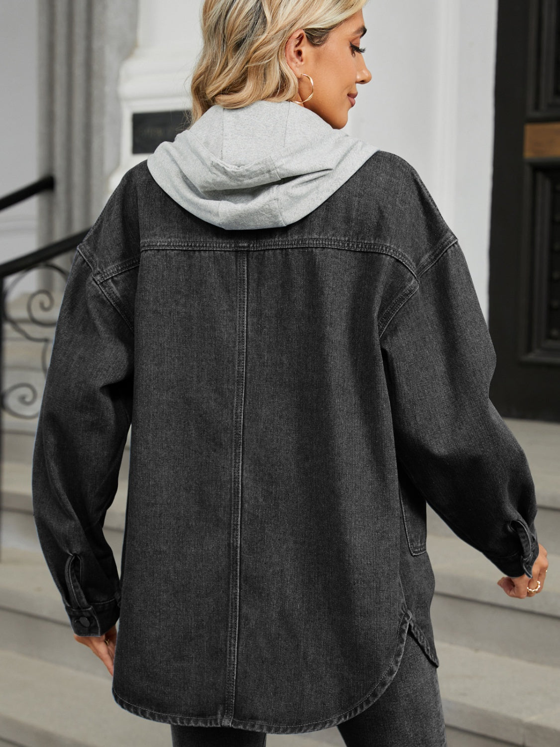 Removable Hood Button Up Long Sleeve Denim Jacket NicholesGifts