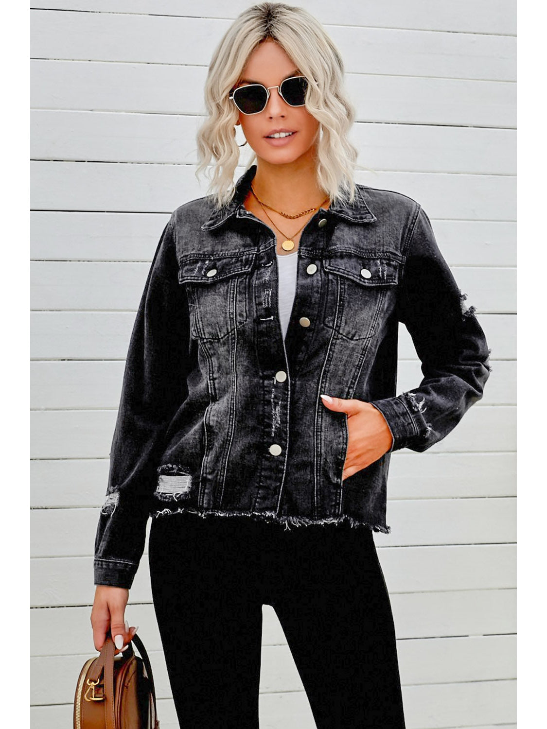 Distressed Raw Hem Denim Jacket NicholesGifts