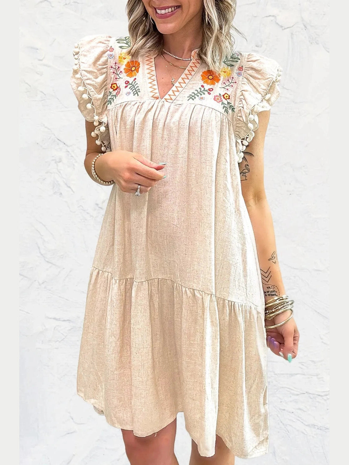 Floral Embroidery Pom Pom Ruffle Sleeves Mini Dress NicholesGifts