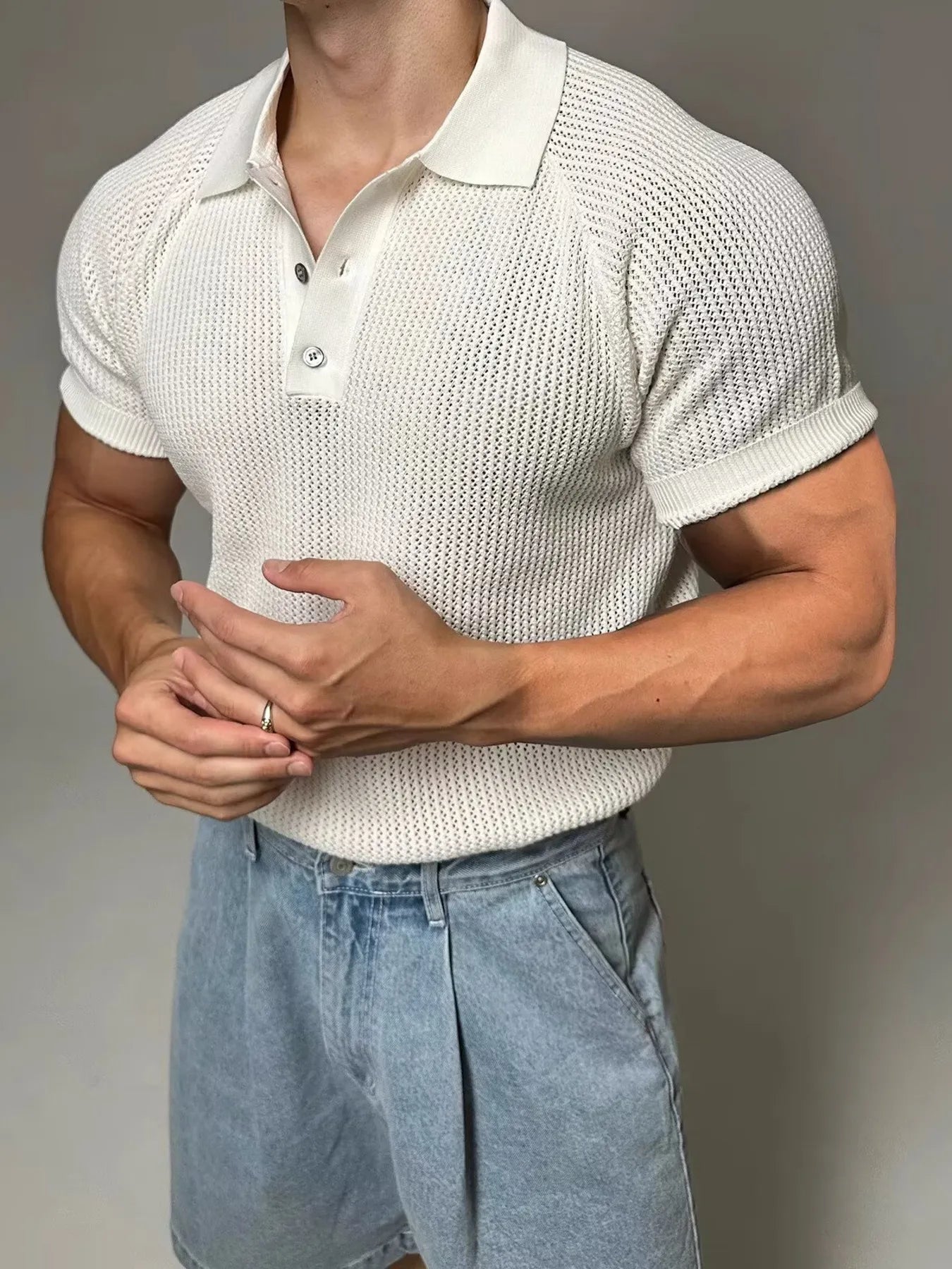 Men's Full Size Textured Knit Short Sleeve Polo Plus Size