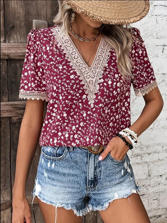 Women Full Size Printed V-Neck Short Sleeve Blouse