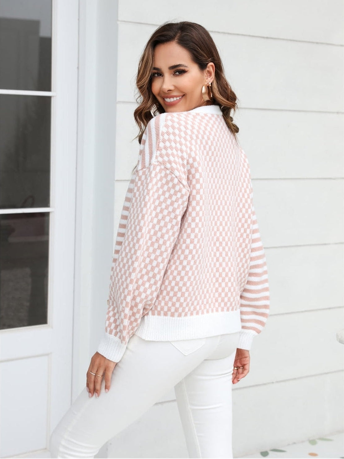 Women Button-Down Stripe & Plaid Contrast Pattern Cardigan Sweater nicholesgifts