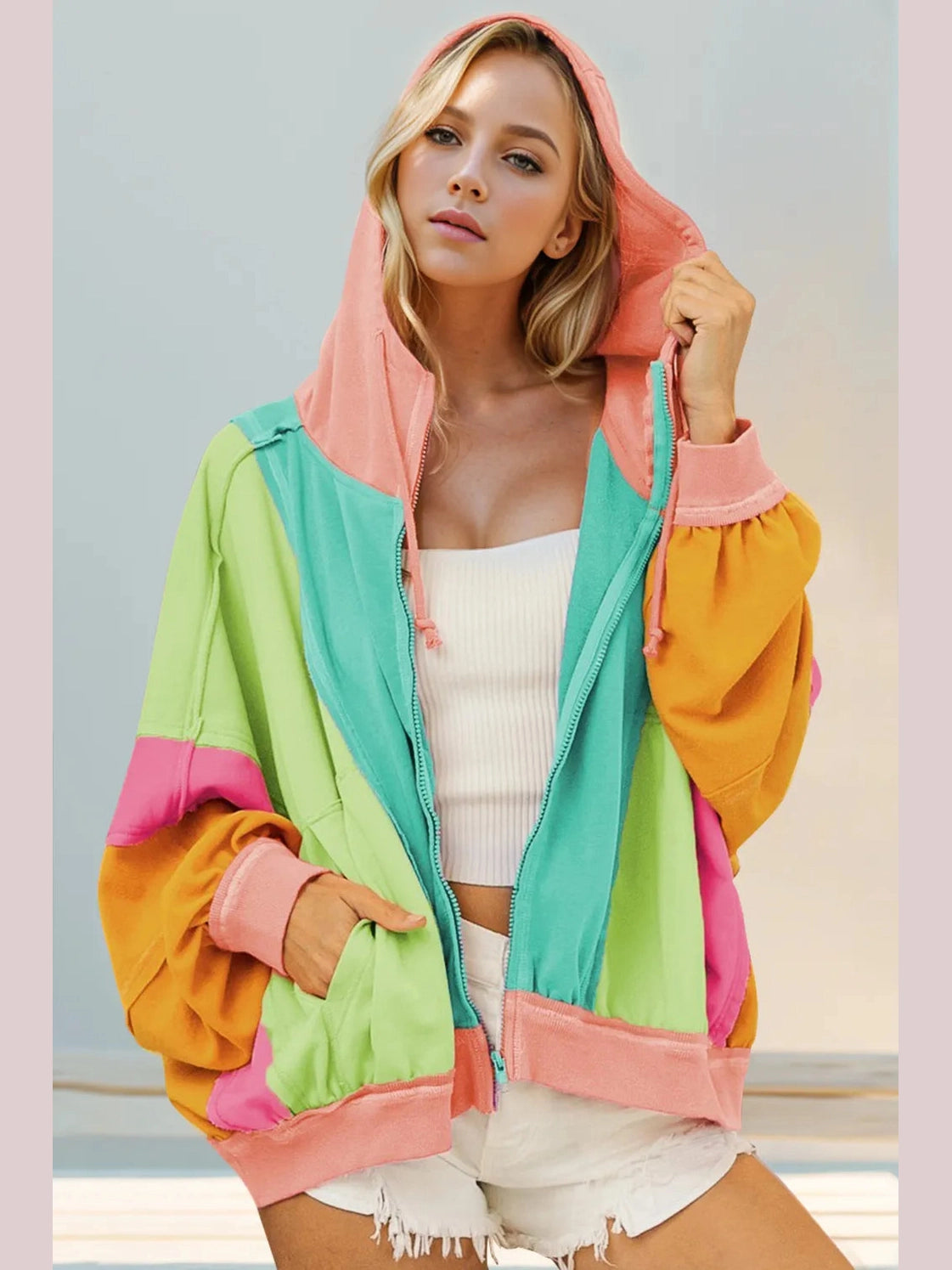 Double Take Full Size Color Block Zip Up Hoodie Trendsi