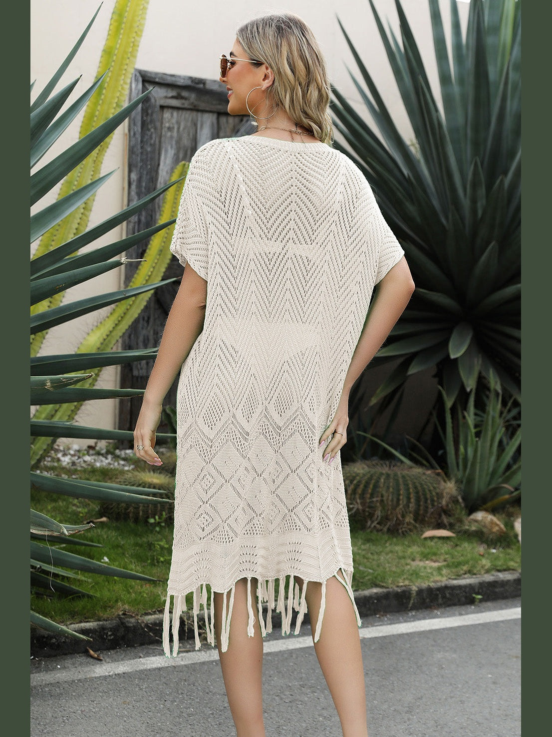 Double Take Eyelet Fringe Hem Longline Knit Cover Up NicholesGifts