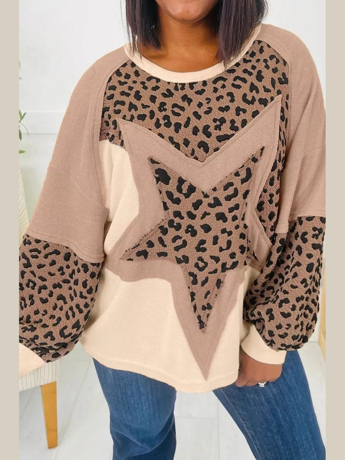 Leopard Star Patchwork Round Neck Sweatshirt nicholesgifts