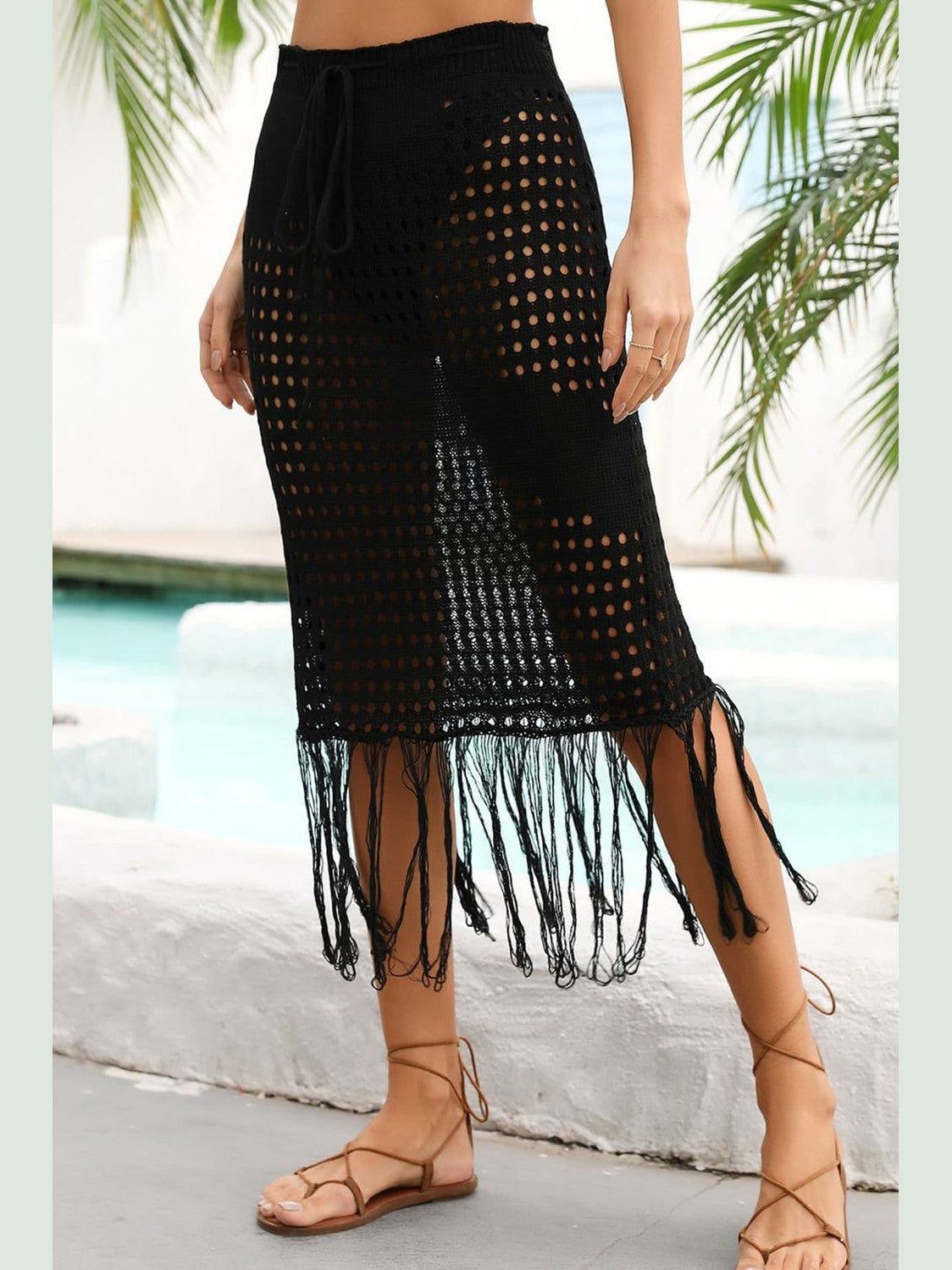 Fringe Hem Drawstring Waist Openwork Skirt