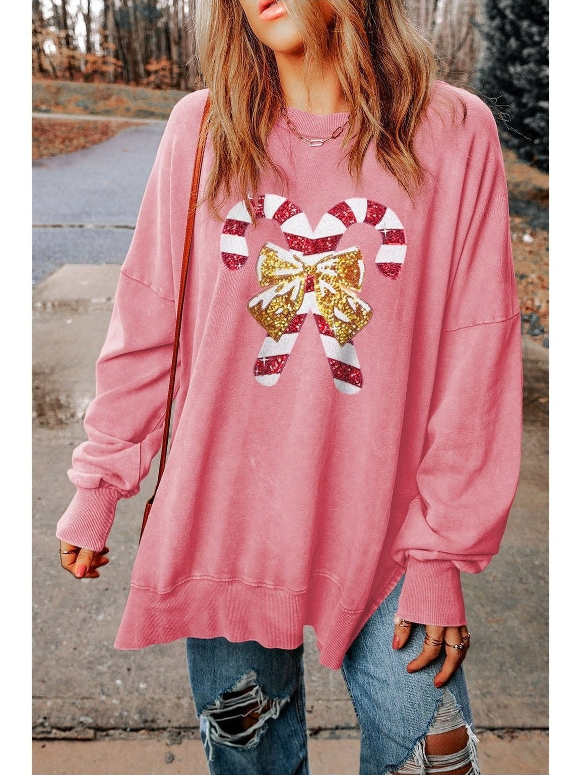 Sequin Candy Cane Round Neck Slit Sweatshirt