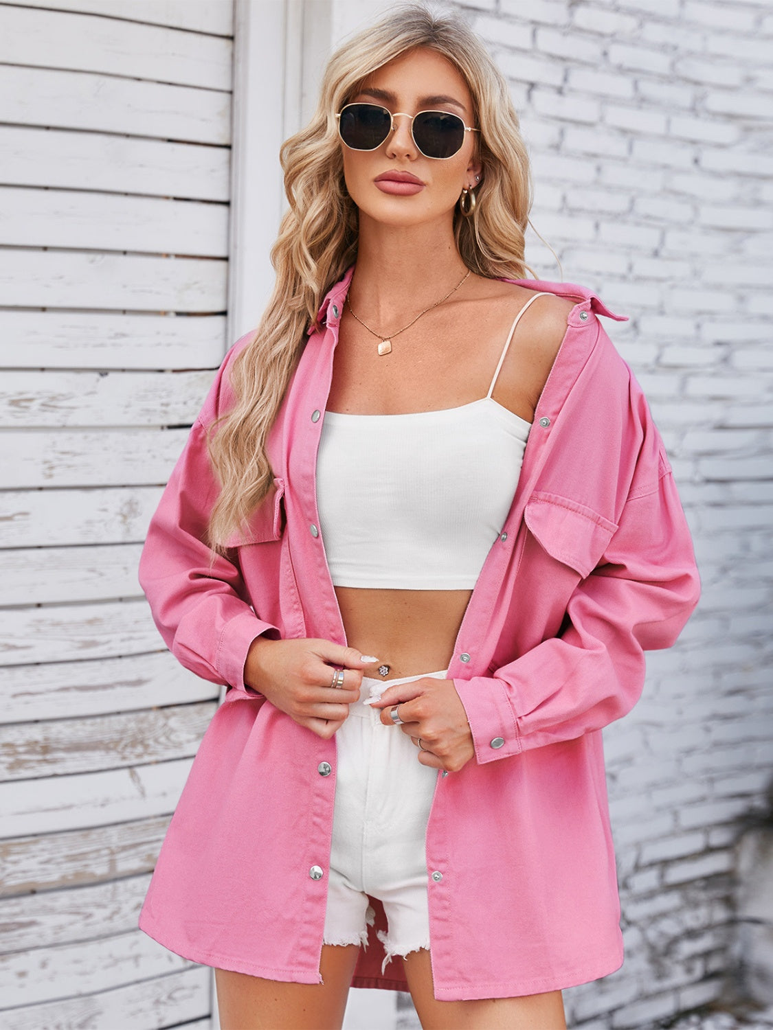 Women Pocketed Snap Down Dropped Shoulder Denim Shacket nicholesgifts