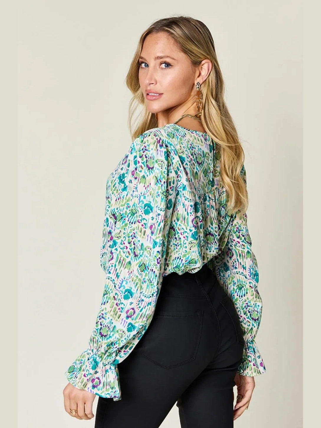 Double Take Full Size Printed Flounce Sleeve Blouse