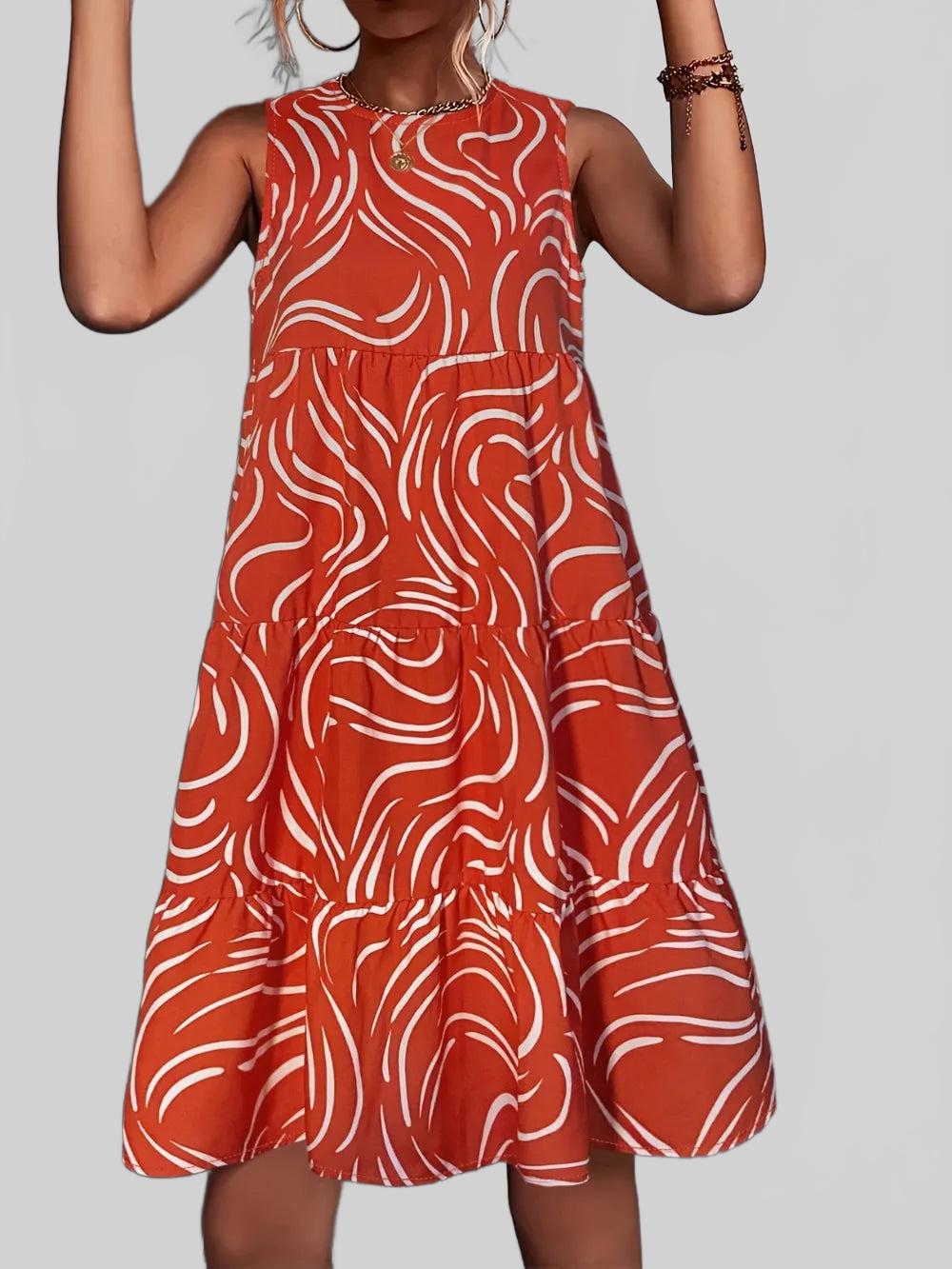 Printed Round Neck Sleeveless Dress nicholesgifts