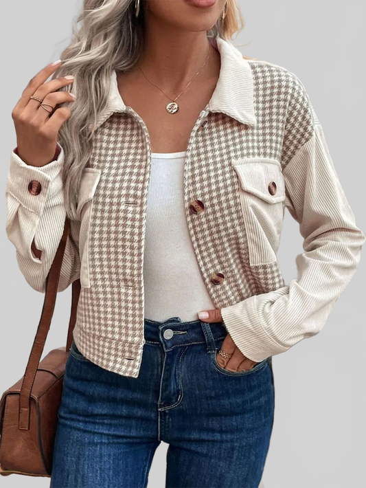 Perfee Pocketed Houndstooth Long Sleeve Jacket nicholesgifts