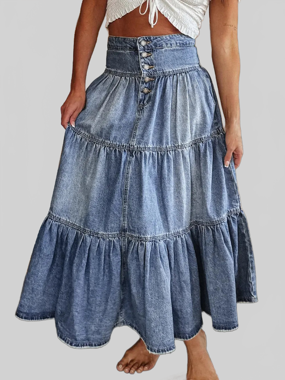 Tiered Button-Fly Denim Skirt nicholesgifts
