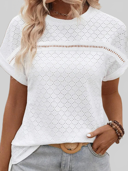 Women Eyelet Round Neck Short Sleeve Blouse nicholesgifts