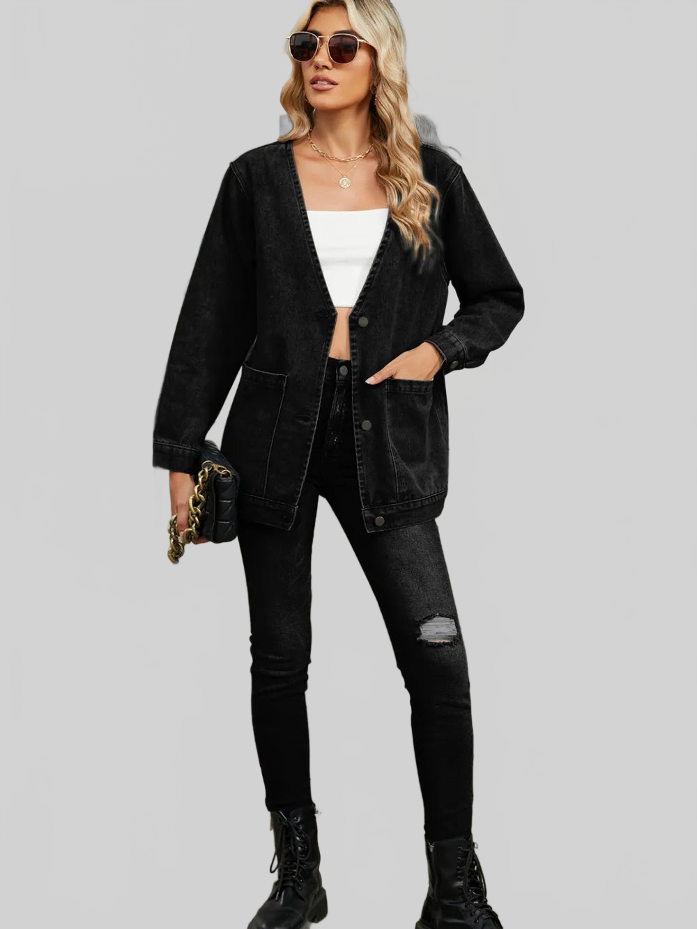 Pocketed V-Neck Button Up Denim Jacket nicholesgifts