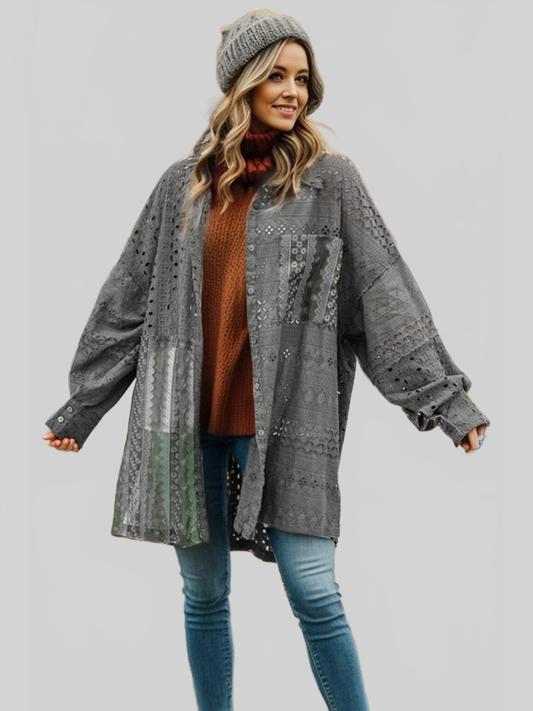 Women Openwork Button Up Long Sleeve Shacket NicholesGifts