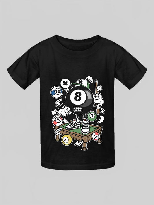 Black cotton Boys Pool Shark Short Sleeve T-Shirt featuring a cartoon 8-ball character with pool cues and colorful billiard balls.