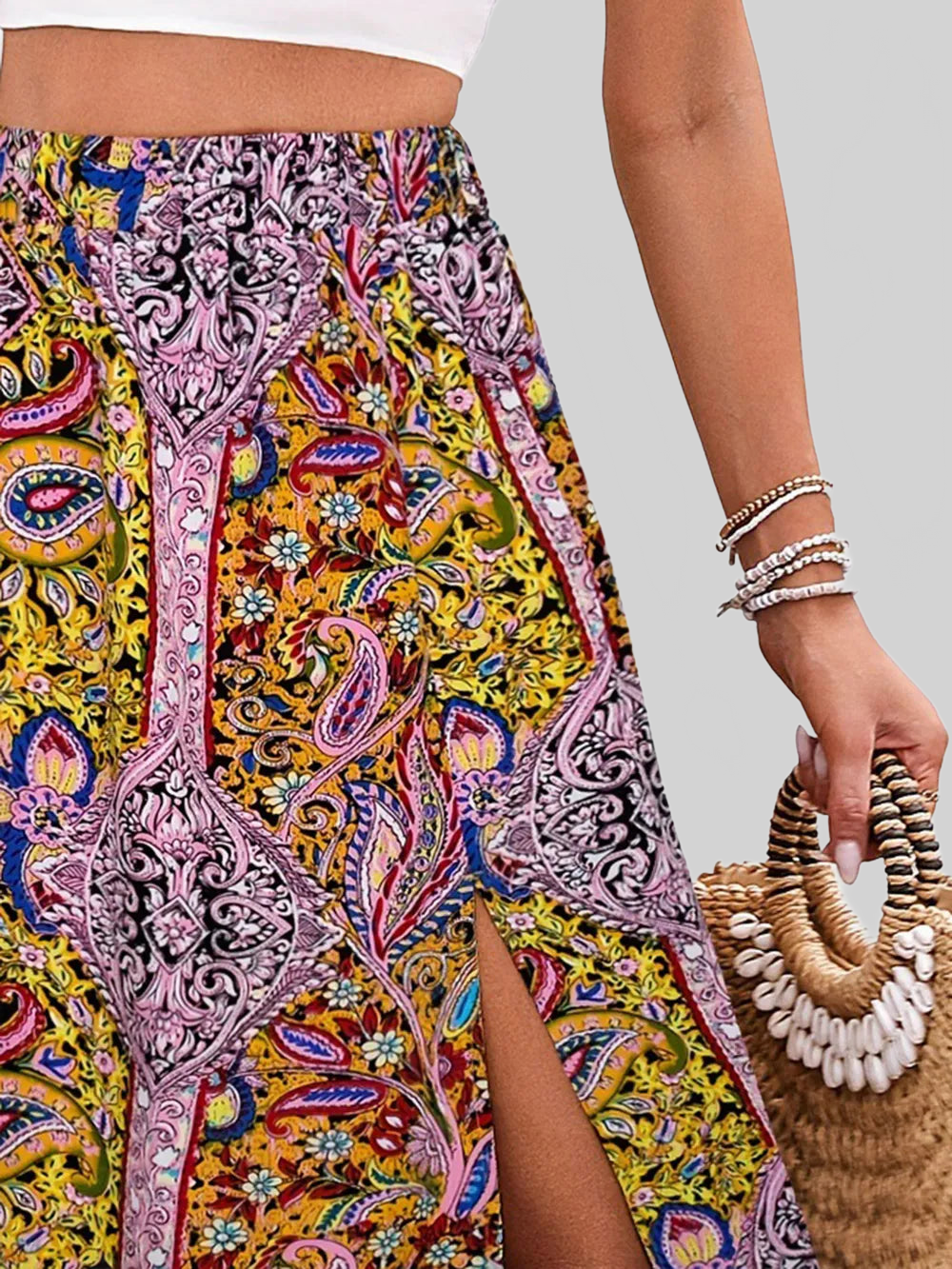 Slit Printed Elastic Waist Skirt nicholesgifts