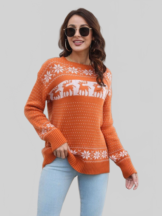 Women Reindeer & Snowflake Pattern Dropped Shoulder Pullover Sweater nicholesgifts