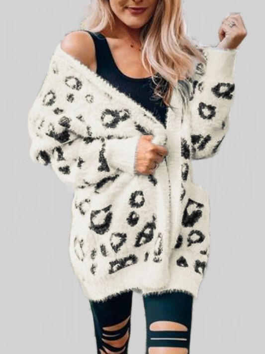 Women Leopard Open Front Cardigan with Pockets nicholesgifts