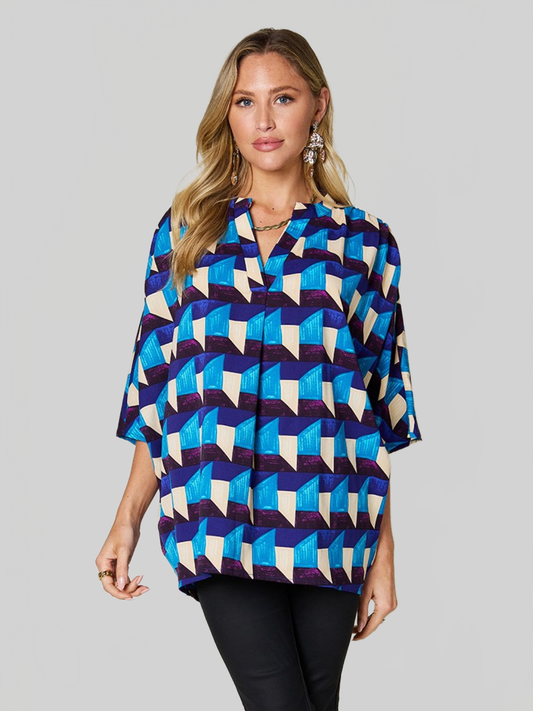 Women Double Take Full Size Geometric Notched Half Sleeve Blouse nicholesgifts